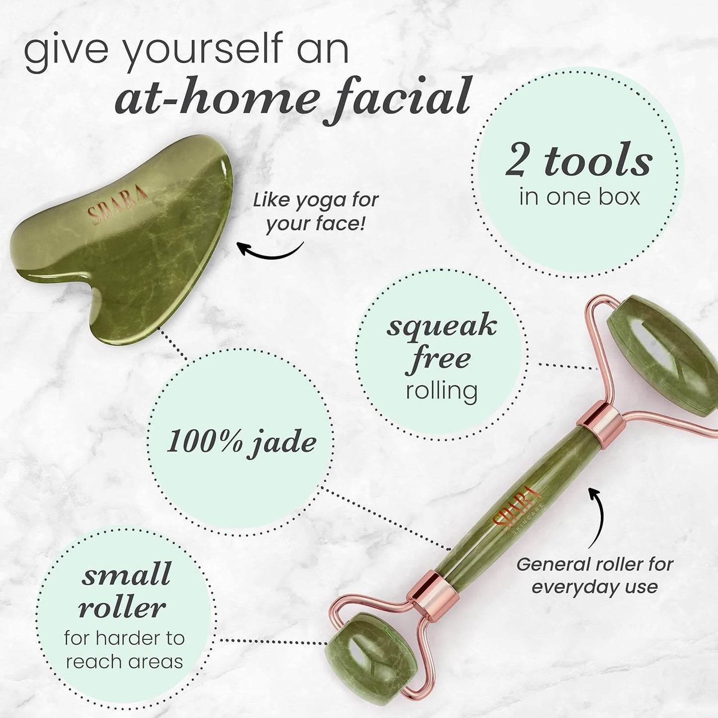Sdara Jade Roller & Gua Sha Set - Facial Massager for Slimming & Sculpting, Reduces Wrinkles & Puffiness