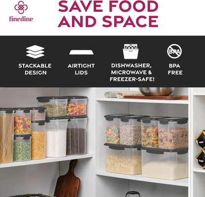 FineDine Airtight Food Storage Containers – 12-Piece Set with Lids for Flour, Sugar & Cereal (Grey)