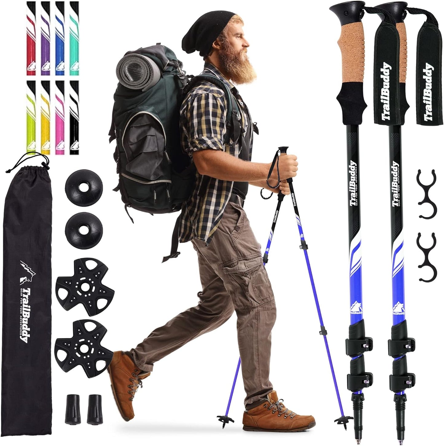 TrailBuddy Trekking Poles - Lightweight Collapsible Hiking Poles with Cork Grip, Pair of 2
