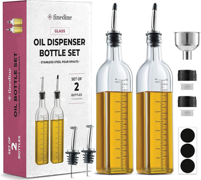 Olive Oil & Vinegar Dispenser Set - Slim Amber Glass Bottles, 4 Pouring Spouts & Labels