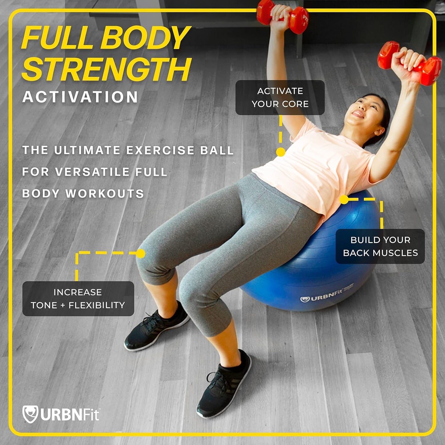URBNFit Exercise Ball - Anti-Burst Yoga Ball for Fitness, Pregnancy, Stability, with Quick Pump