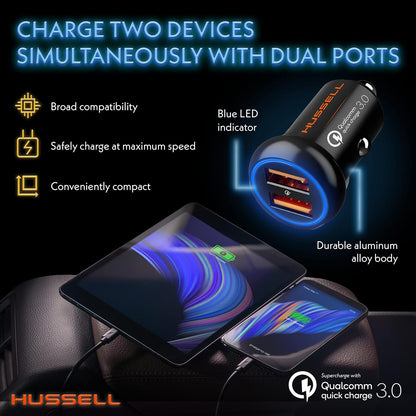 HUSSELL Schnellladegerät fürs Auto – Dual USB, Mini, Aluminium für iPhone und Android 