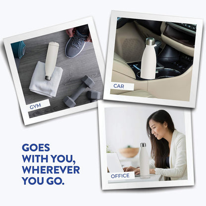 Dreifach isolierte Edelstahl-Wasserflasche von FineDine (2er-Set), 17 oz, elegante Flaschen, hält heiß und kalt, 100 % auslaufsicher, schweißfeste Flaschen, für Reisen, Picknick und Camping. (Reines Perlweiß) 