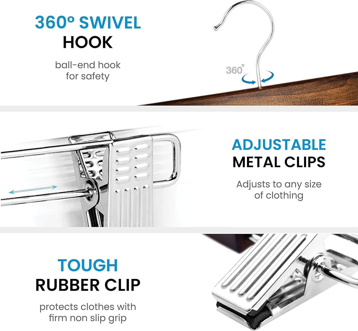 High-Grade Wooden Trouser Hangers with Clips – 10 Pack, 360° Hook, Non-Slip Adjustable Clips for Jeans, Slacks & Shorts
