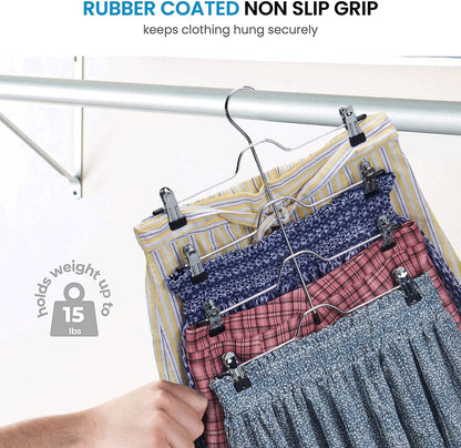 Zober 4-Tier Skirt Hangers with Clips - Non-Slip Metal, Adjustable Clips & Swivel Hooks, Space-Saving (3-Pack)