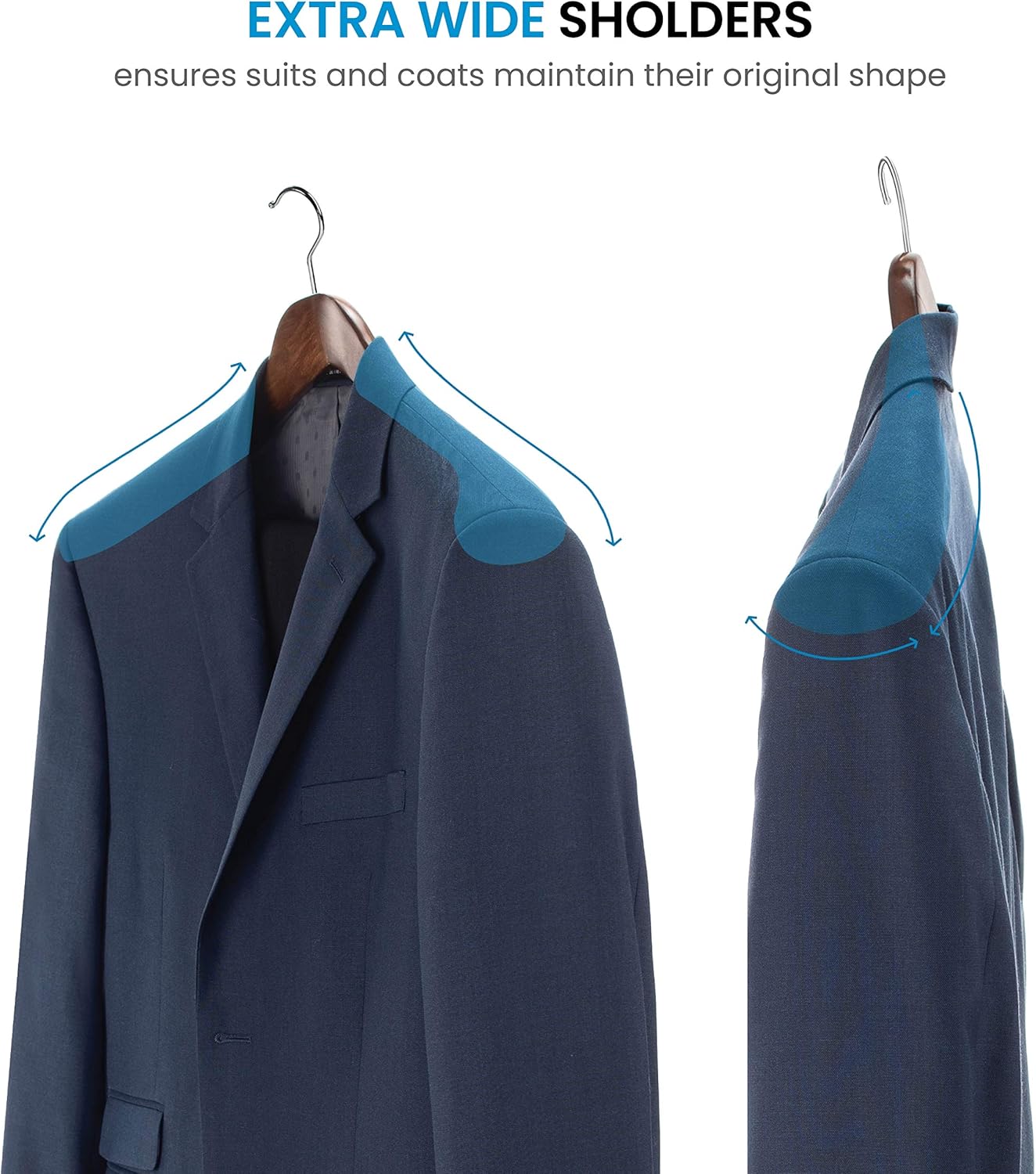 High-Grade Wooden Hangers – Set of 6 Heavy-Duty with Wide Shoulders & Trouser Bar, 6.3cm Shoulder Flares for Suits