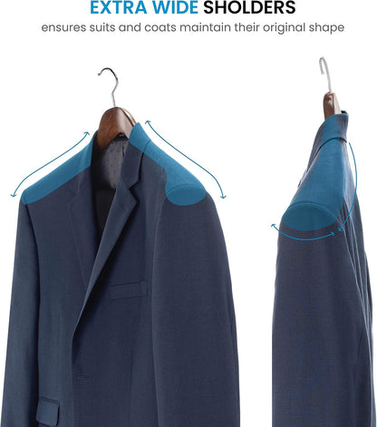 High-Grade Wooden Hangers – Set of 6 Heavy-Duty with Wide Shoulders & Trouser Bar, 6.3cm Shoulder Flares for Suits