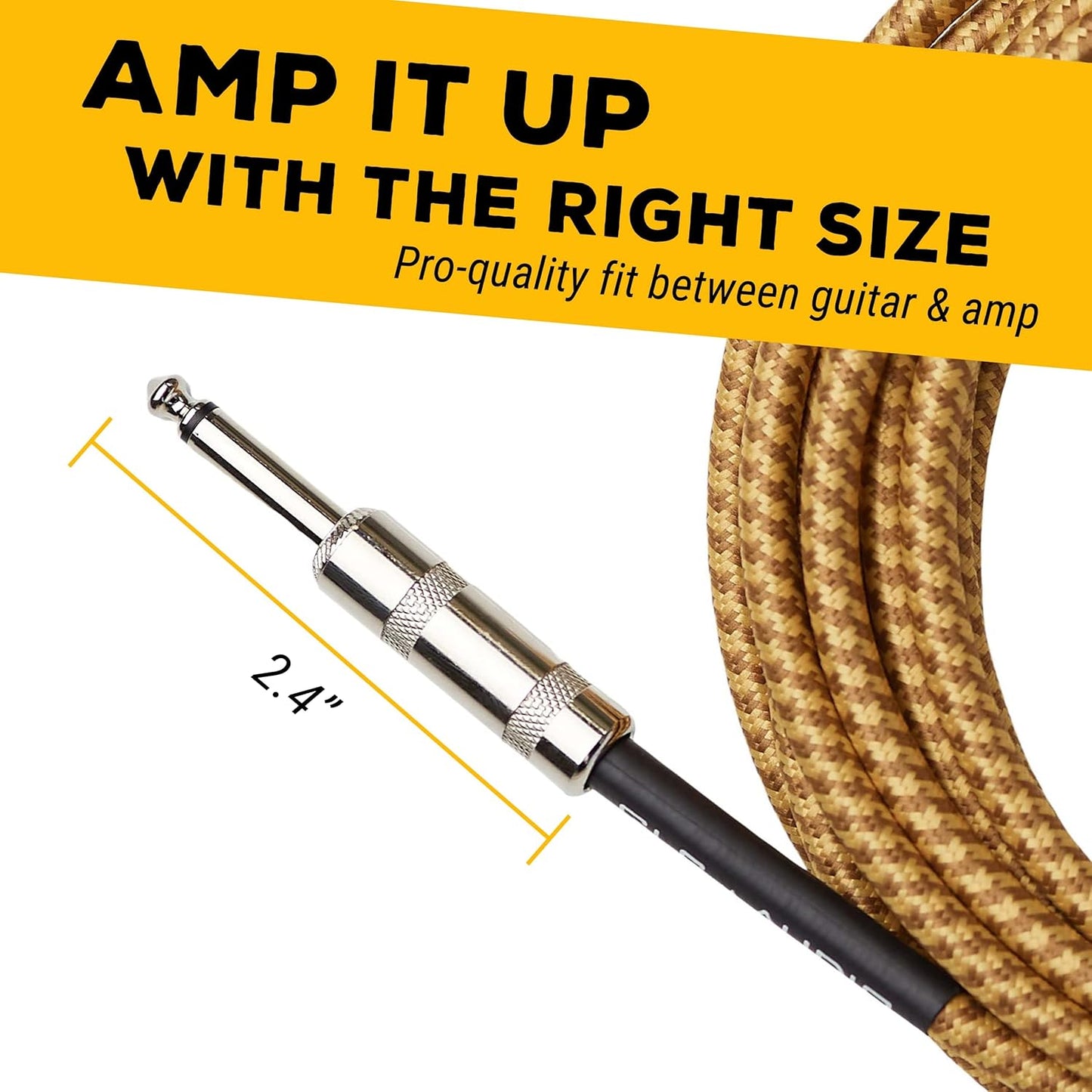 Instrumentenkabel – 1/4 Zoll TS auf 1/4 Zoll Instrumentenkabel für Bass/E-Gitarre – braun/gelb geflochtenes Tweed, 15 Fuß 