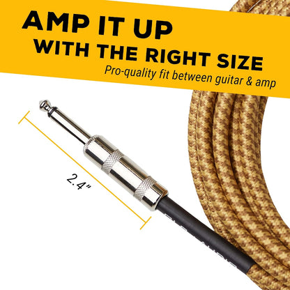 Instrumentenkabel – 1/4 Zoll TS auf 1/4 Zoll Instrumentenkabel für Bass/E-Gitarre – braun/gelb geflochtenes Tweed, 15 Fuß 