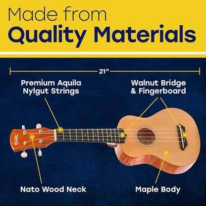 Hola! Music 21" Soprano Ukulele for Adults, Kids & Beginners – Maple with Bag & Accessories (Natural)