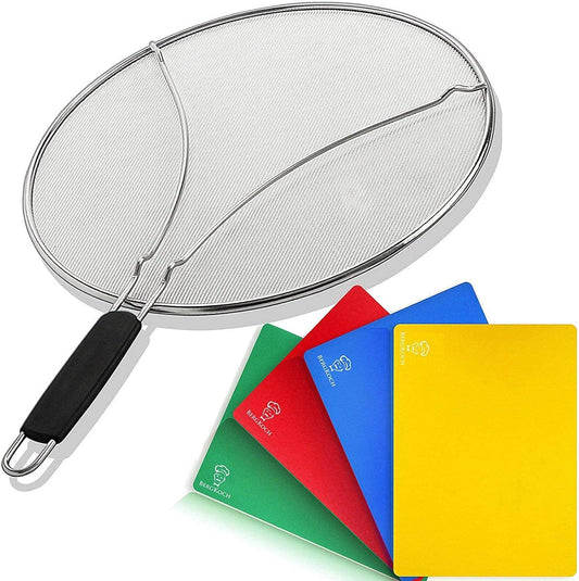 Splatter Screen & 4 Flexible Cutting Boards Set - Grease Guard for Frying, Protects from Hot Oil