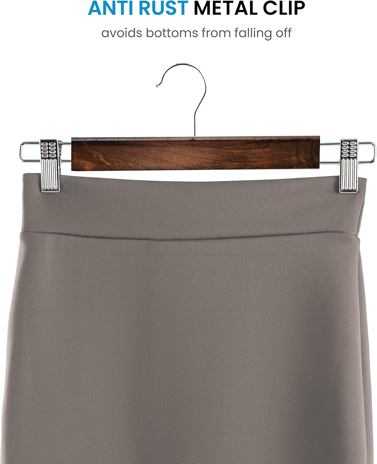 High-Grade Wooden Trouser Hangers with Clips – 10 Pack, 360° Hook, Non-Slip Adjustable Clips for Jeans, Slacks & Shorts