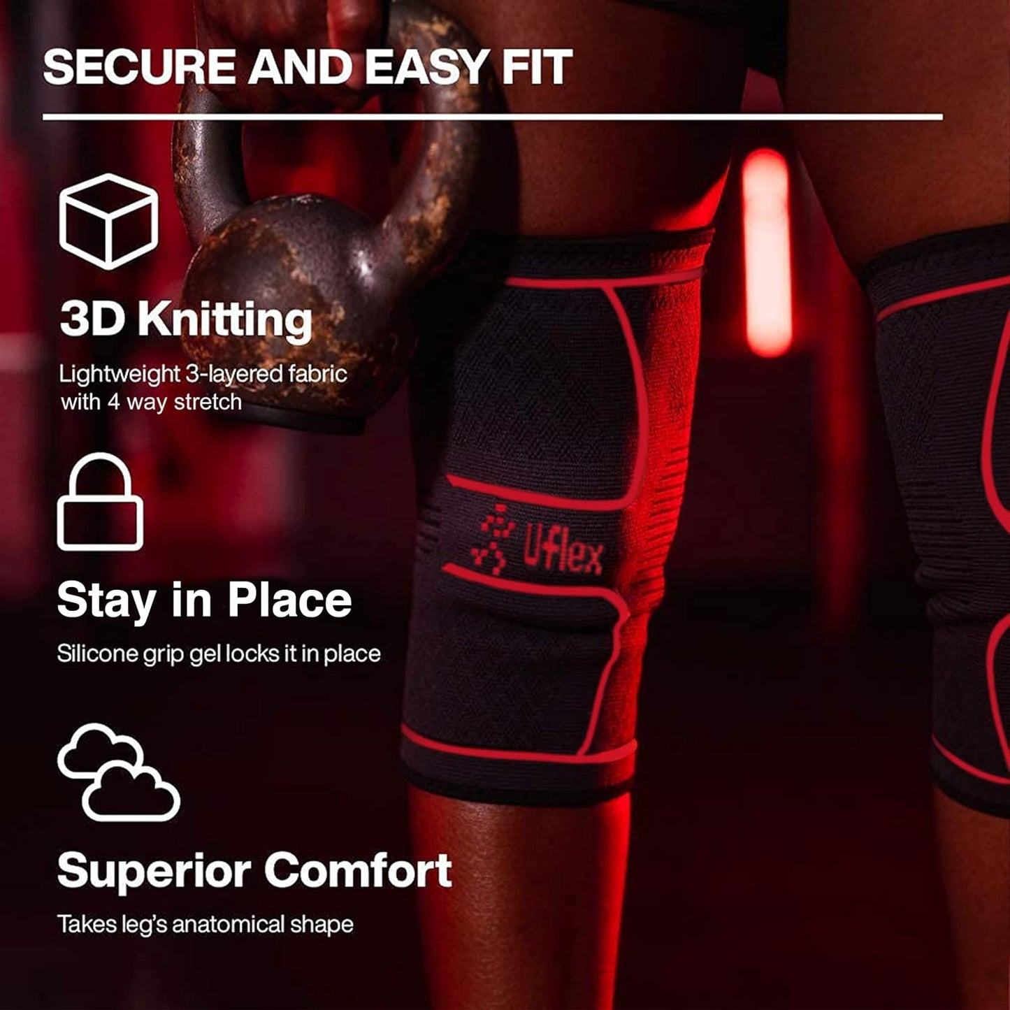 UFlex Athletics Knie-Kompressionsmanschette für Damen und Herren – Kniebandage zur Schmerzlinderung, Fitness, Gewichtheben, Wandern, Sport 