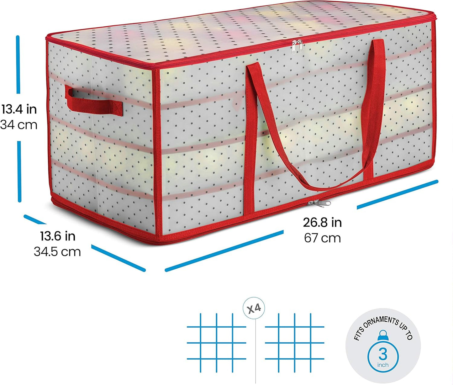 Zober Christmas Ornament Storage Box - Holds 128 Ornaments, 2-Sided Zipper, 3-Inch Cube Compartments, Red