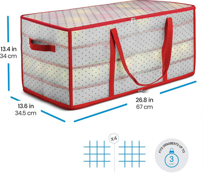 Zober Christmas Ornament Storage Box - Holds 128 Ornaments, 2-Sided Zipper, 3-Inch Cube Compartments, Red