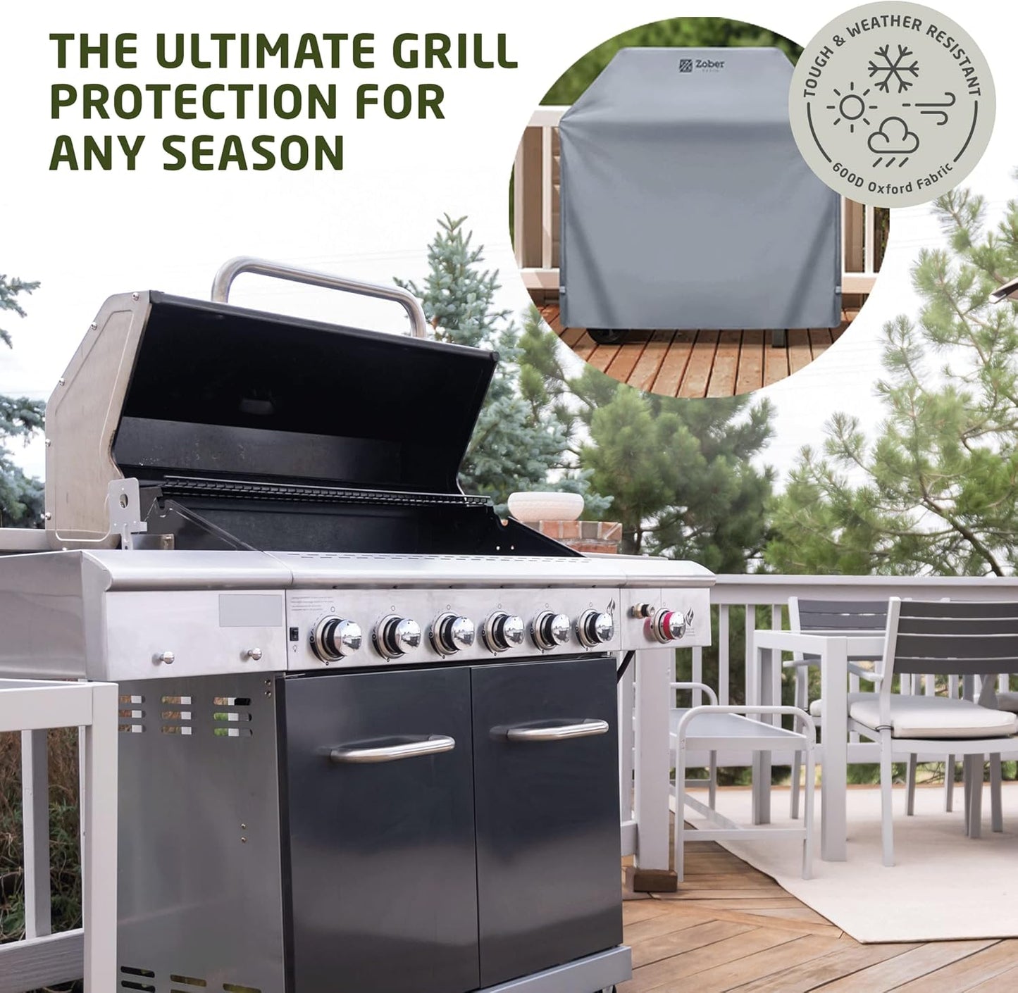Zober BBQ Grill Cover - 64" Waterproof, Fits Weber & Charbroil (Gray)