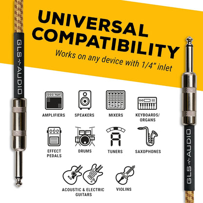 Instrumentenkabel – 1/4 Zoll TS auf 1/4 Zoll Instrumentenkabel für Bass/E-Gitarre – braun/gelb geflochtenes Tweed, 15 Fuß 