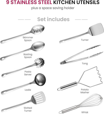 FineDine Küchenhelfer-Set aus Edelstahl – 10-teiliges, hochwertiges, antihaftbeschichtetes und hitzebeständiges Küchenhelfer-Set, Pfannenwender, Spaghettiheber, Schöpfkelle, Servierlöffel, Schneebesen, Zange, Kartoffelstampfer und Utensilienhalter 