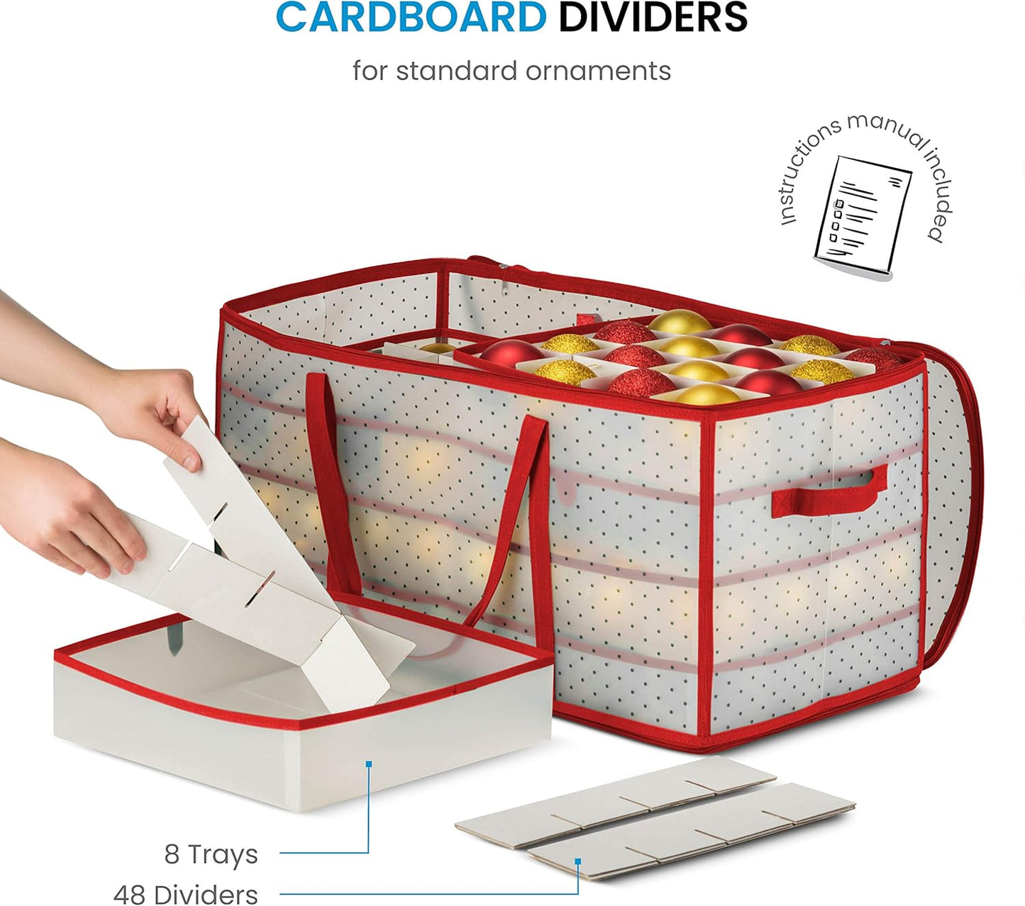 Zober Christmas Ornament Storage Box - Holds 128 Ornaments, 2-Sided Zipper, 3-Inch Cube Compartments, Red