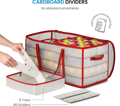 Zober Christmas Ornament Storage Box - Holds 128 Ornaments, 2-Sided Zipper, 3-Inch Cube Compartments, Red