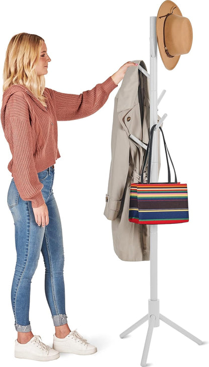 ZOBER Coat Rack Free Standing - Wooden Coat Tree W/ 6 Hooks - Coats, Purses, Hats - Adjustable Sizes, Easy Assembly - Natural