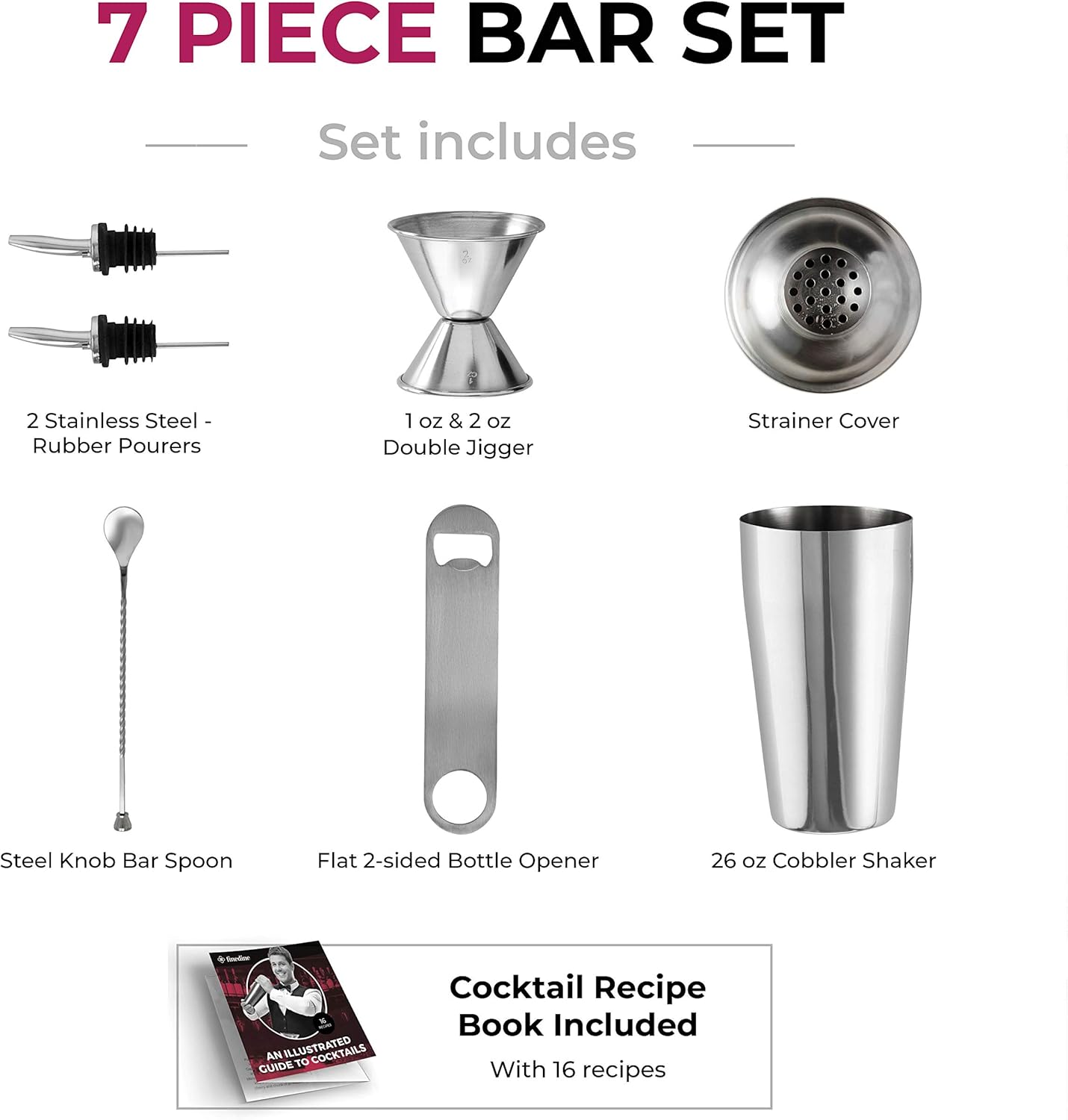 FineDine 7-Piece Cocktail Shaker Set – Stainless Steel Bartender Kit with Strainer, Jigger, Bar Spoon & Bottle Opener
