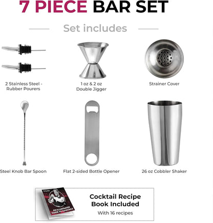 FineDine 7-Piece Cocktail Shaker Set – Stainless Steel Bartender Kit with Strainer, Jigger, Bar Spoon & Bottle Opener