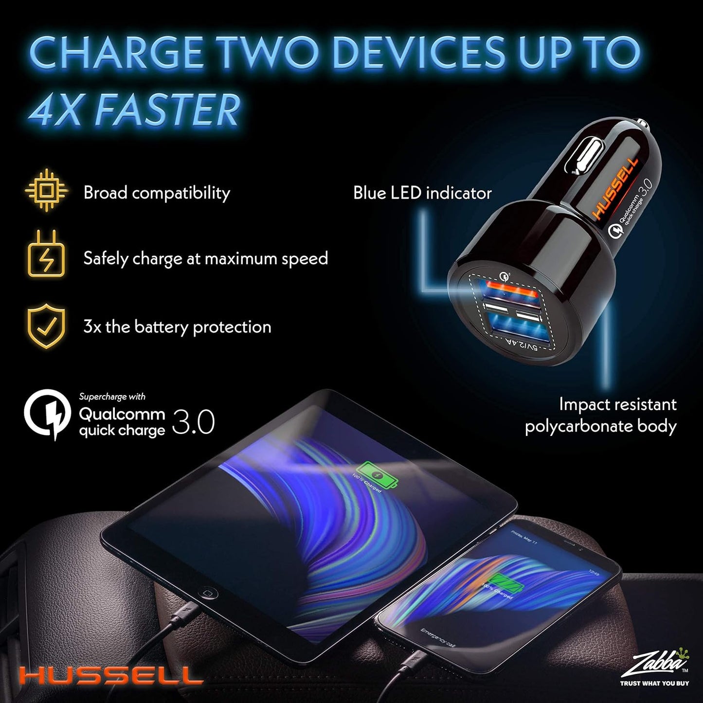 Hussell Car Charger - Dual USB Ports, Fast Charging for iPhone & Android