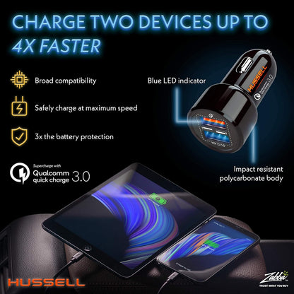 Hussell Car Charger - Dual USB Ports, Fast Charging for iPhone & Android