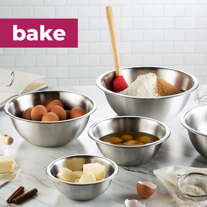 FineDine Edelstahl-Rührschüsseln (5er-Set) Edelstahl-Rührschüssel-Set – leicht zu reinigen, ineinander stapelbare Schüsseln für platzsparende Aufbewahrung, ideal zum Kochen, Backen, Vorbereiten 