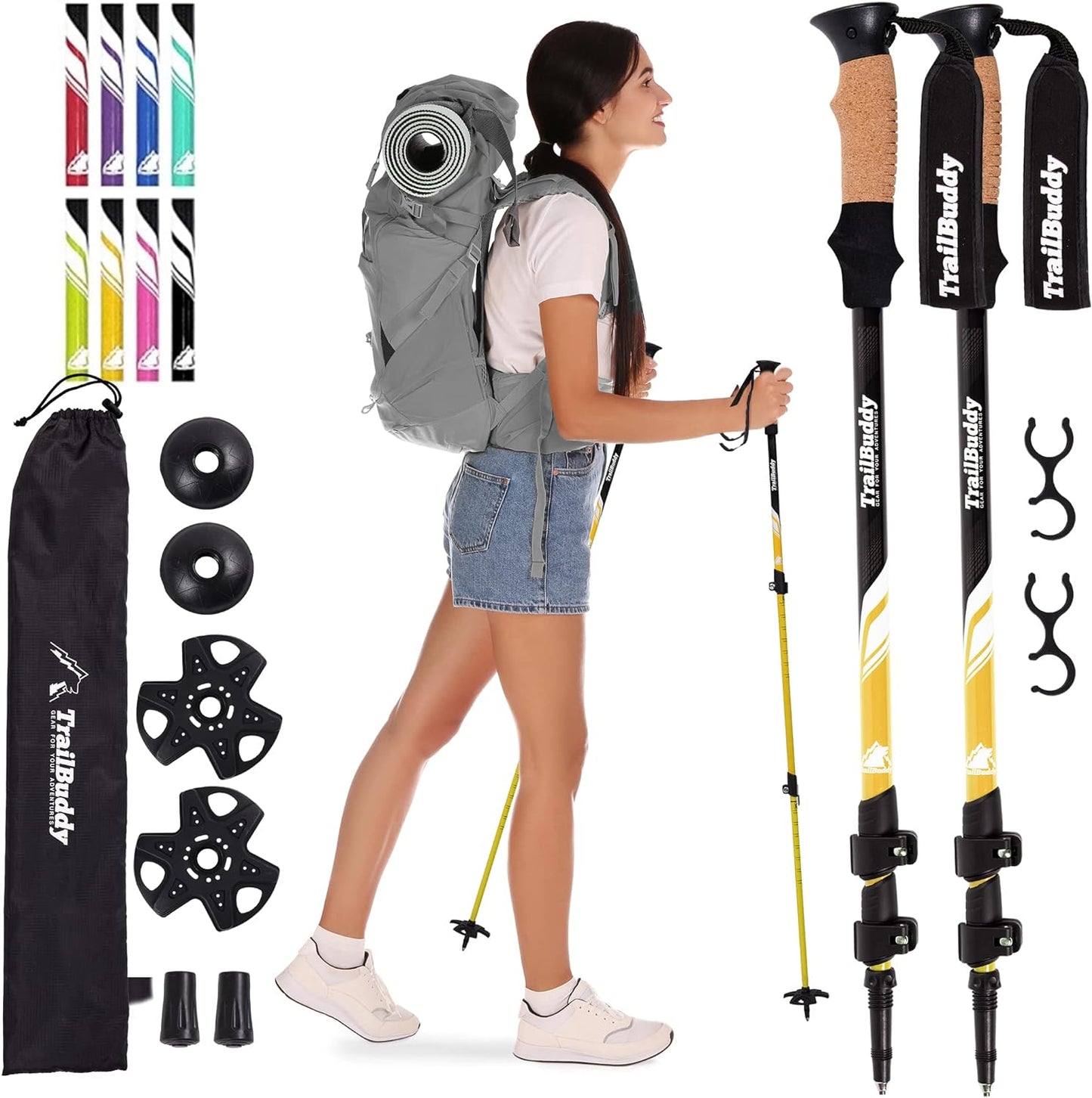 TrailBuddy Trekking Poles - Lightweight Collapsible Hiking Poles with Cork Grip, Pair of 2