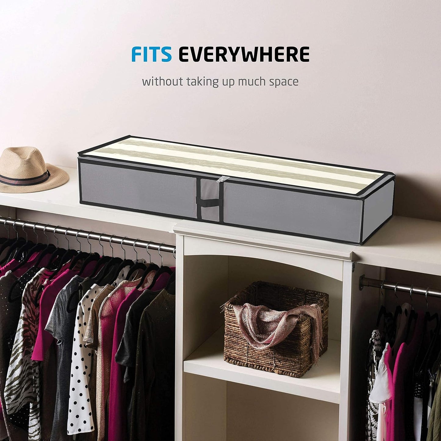 Zober Under Bed Storage - 2-Pack for Clothes, Blankets, Shoes, with Handles, Zippers & Clear Top (Gray)