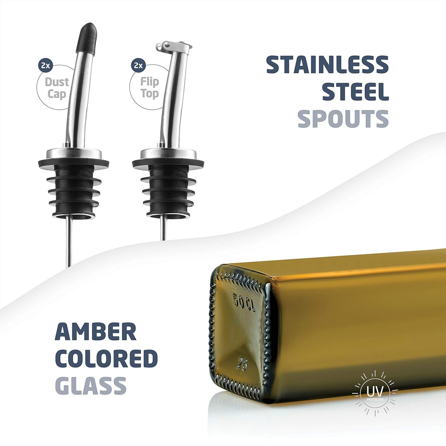 Olive Oil & Vinegar Dispenser Set - Slim Amber Glass Bottles, 4 Pouring Spouts & Labels