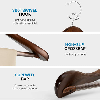 High-Grade Wooden Hangers – Set of 6 Heavy-Duty with Wide Shoulders & Trouser Bar, 6.3cm Shoulder Flares for Suits