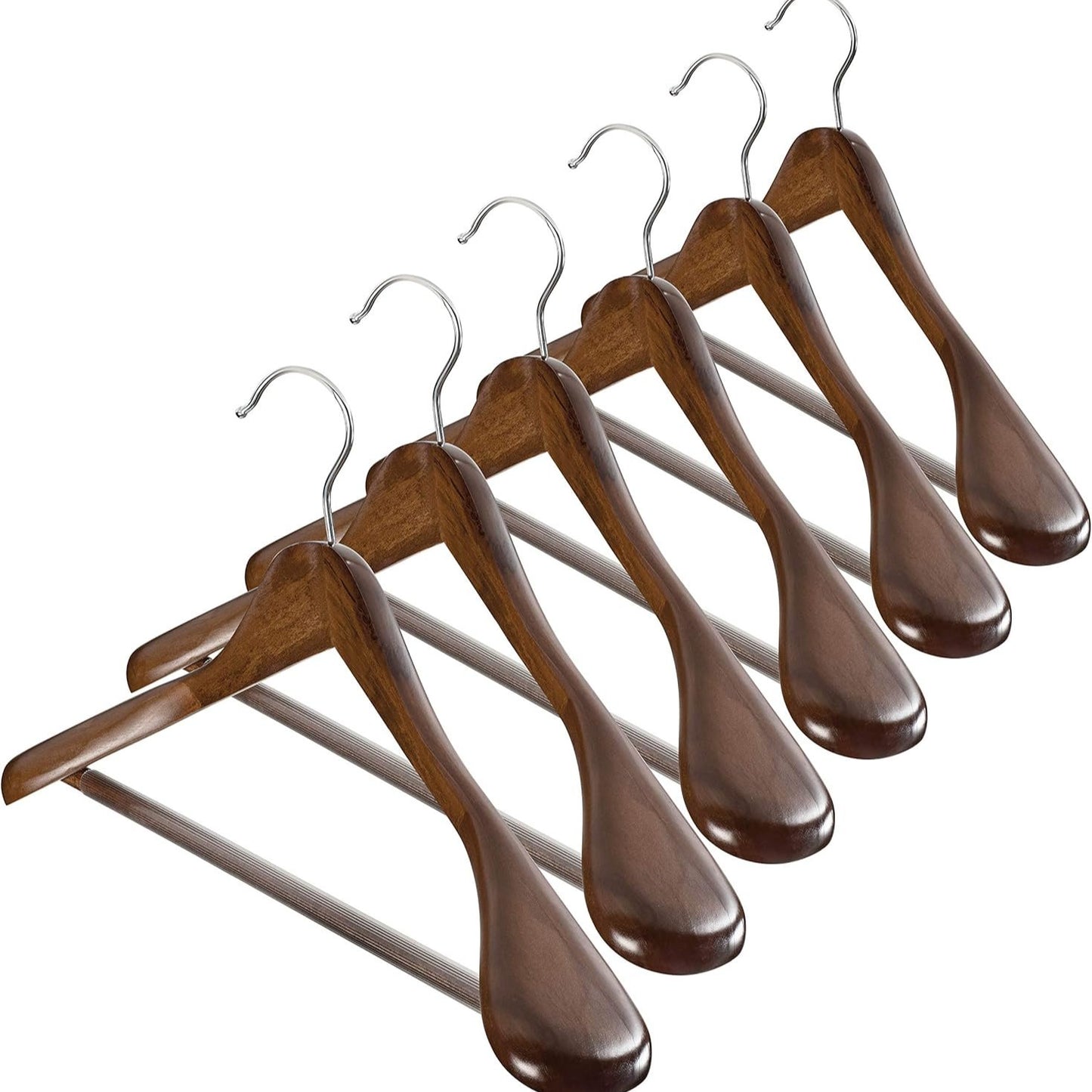 High-Grade Wooden Hangers – Set of 6 Heavy-Duty with Wide Shoulders & Trouser Bar, 6.3cm Shoulder Flares for Suits