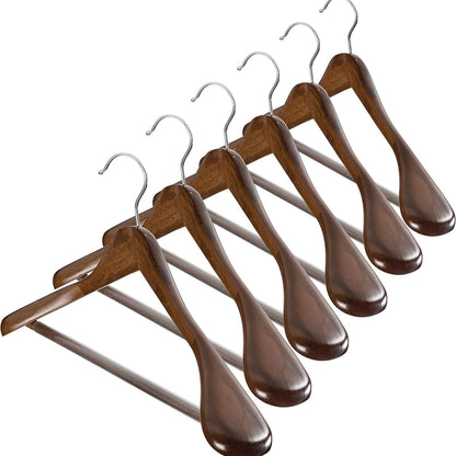 High-Grade Wooden Hangers – Set of 6 Heavy-Duty with Wide Shoulders & Trouser Bar, 6.3cm Shoulder Flares for Suits