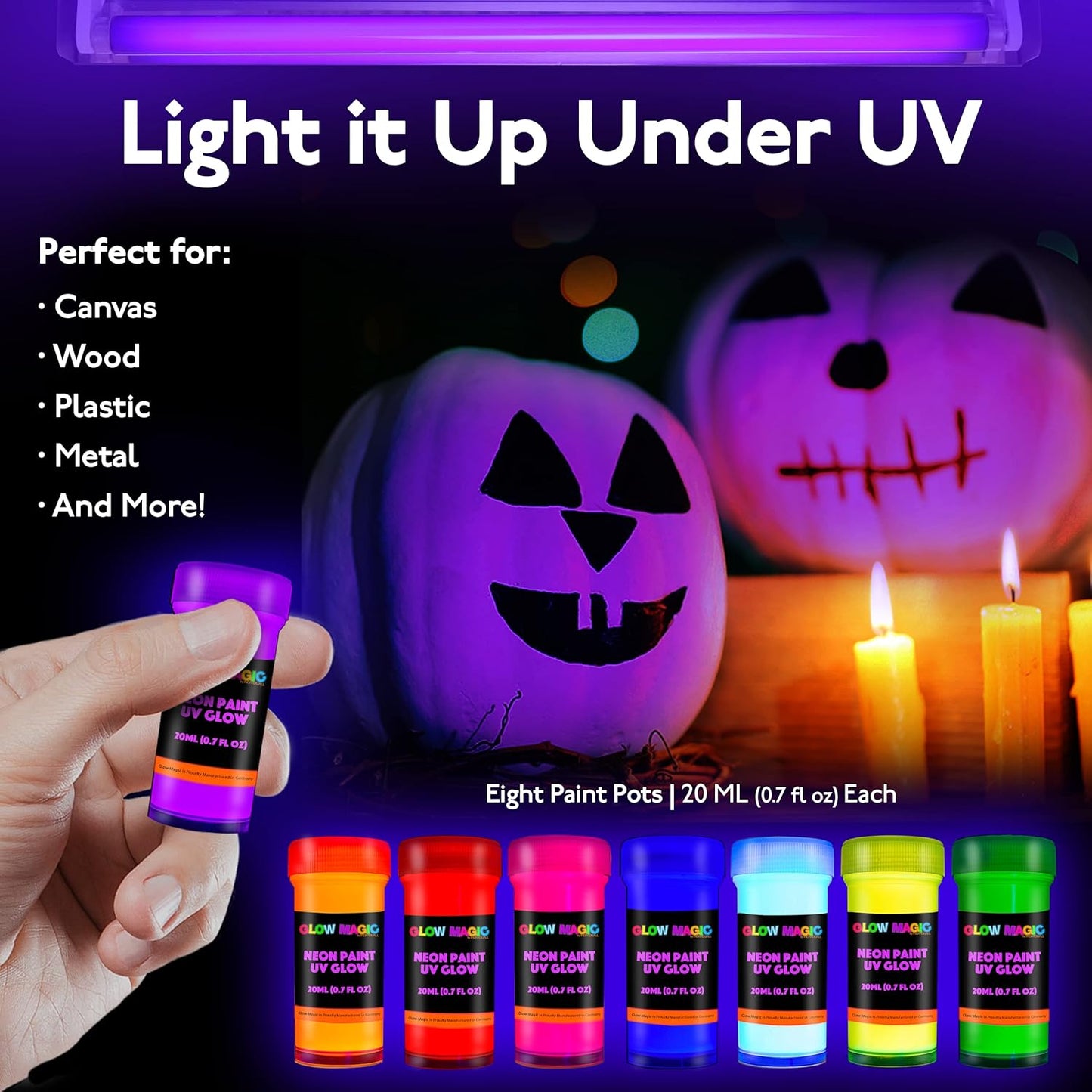 Individuall Glow in the Dark Paint - Set of 8, 20mL Acrylics for Canvas, Walls & Ornaments