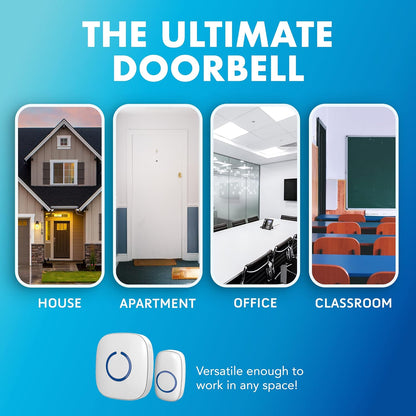 Wireless Doorbell - Battery Operated, 1000 Feet Range, LED Flash, 1 Push Button & 2 Receivers, Matte Black