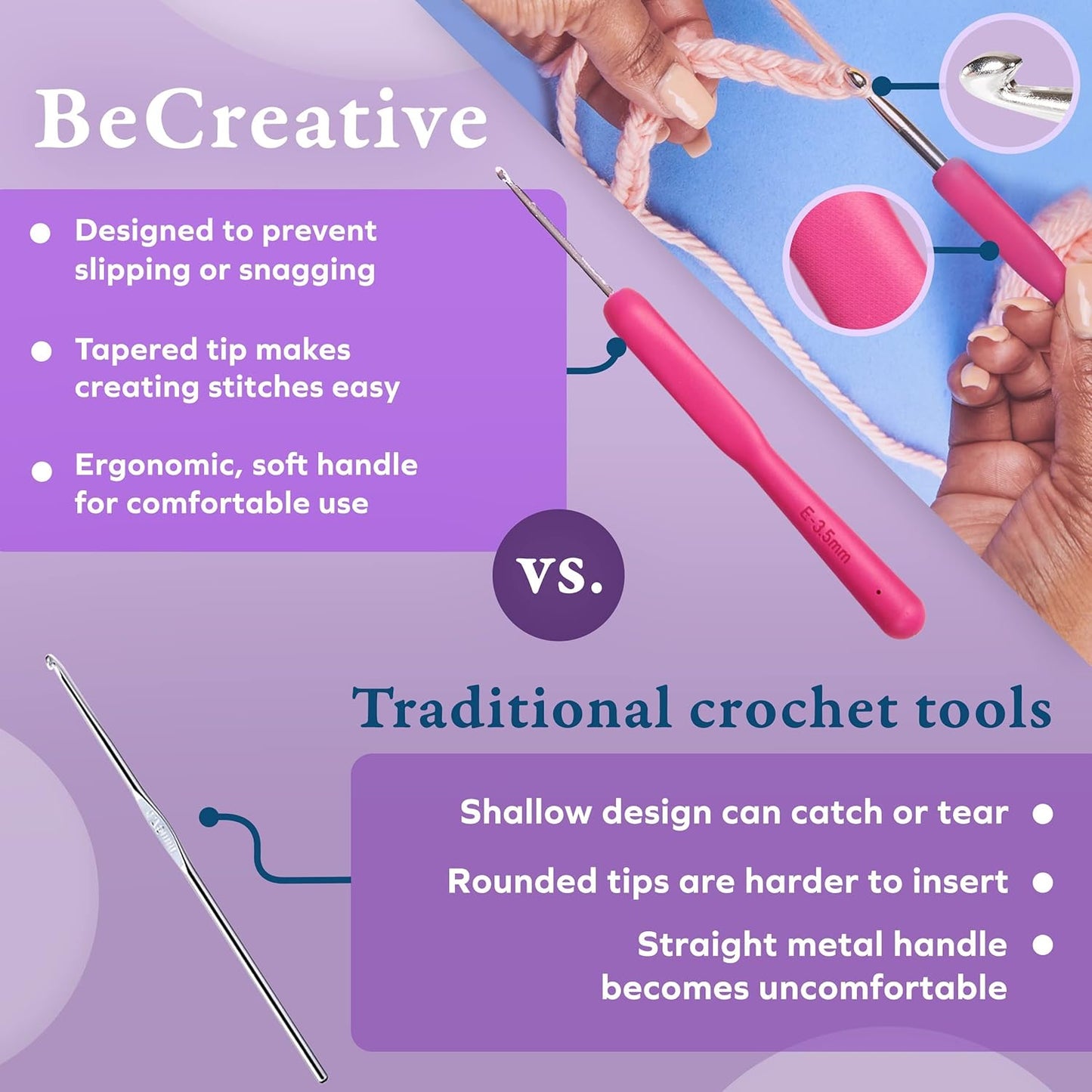 BeCraftee Crochet Hooks Kit – 12-Piece Extra-Long Needles with Ergonomic Grips for Beginners
