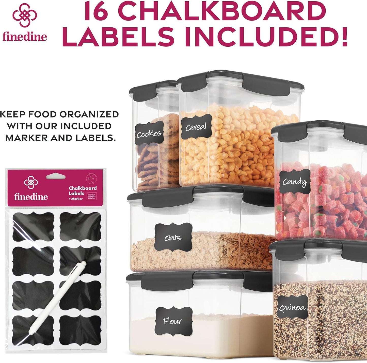 FineDine Airtight Food Storage Containers – 12-Piece Set with Lids for Flour, Sugar & Cereal (Grey)