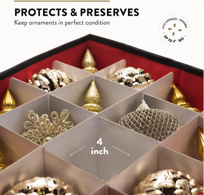Zober Premium Ornament Storage Box - Holds 36 Large Ornaments, 4-inch Compartments, Tear-Proof 600D Oxford (Red)