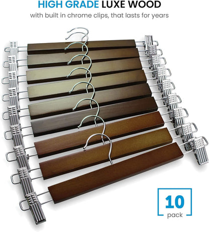 High-Grade Wooden Trouser Hangers with Clips – 10 Pack, 360° Hook, Non-Slip Adjustable Clips for Jeans, Slacks & Shorts
