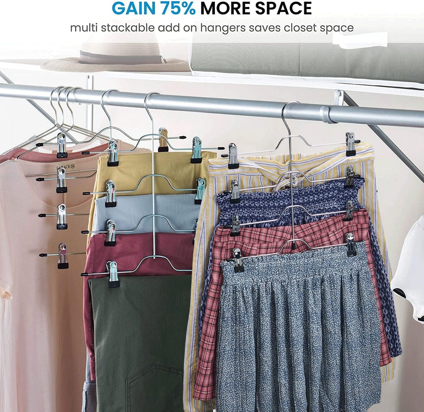 Zober 4-Tier Skirt Hangers with Clips - Non-Slip Metal, Adjustable Clips & Swivel Hooks, Space-Saving (3-Pack)