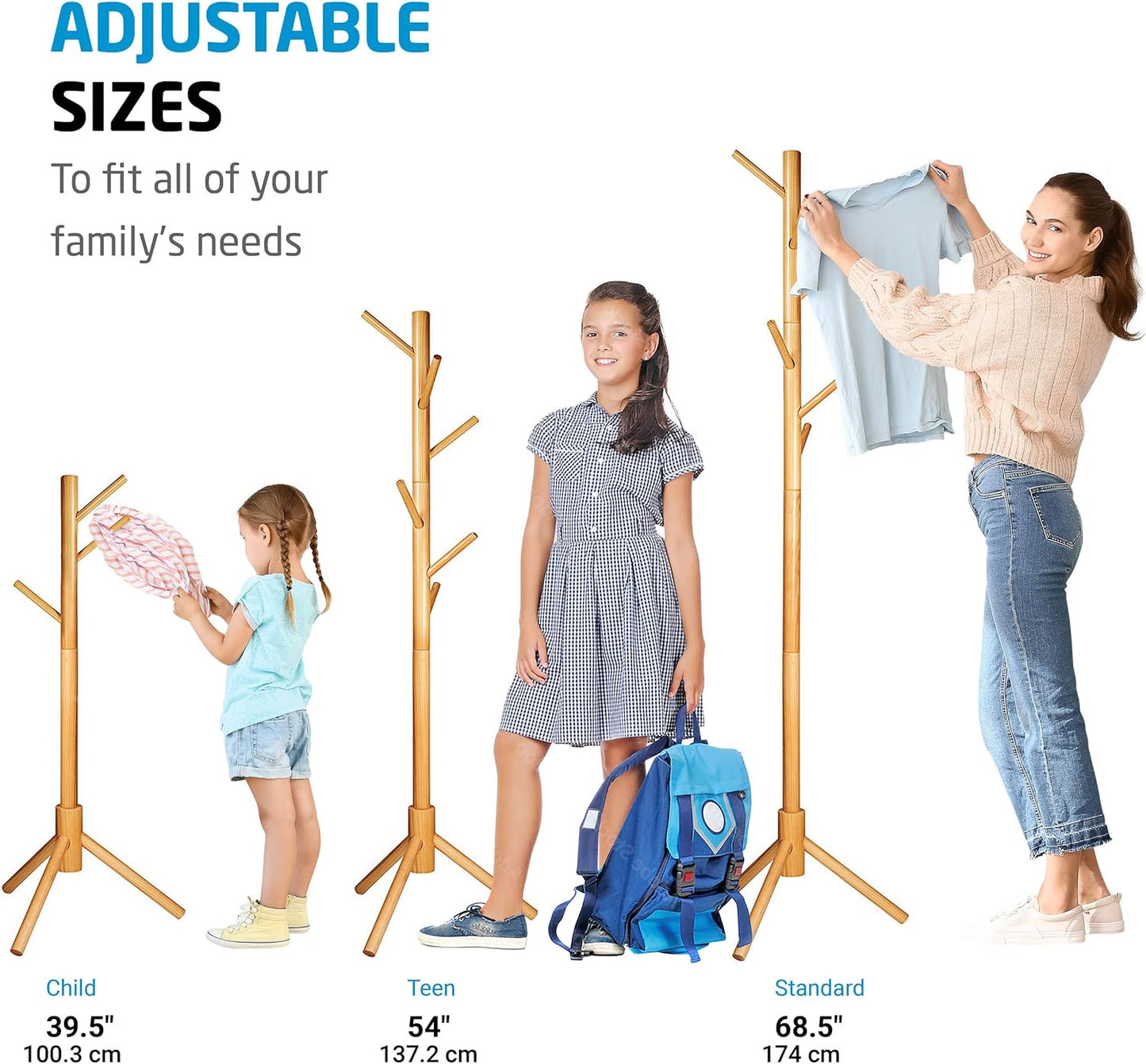 ZOBER Coat Rack Free Standing - Wooden Coat Tree W/ 6 Hooks - Coats, Purses, Hats - Adjustable Sizes, Easy Assembly - Natural