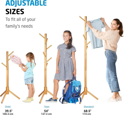 ZOBER Coat Rack Free Standing - Wooden Coat Tree W/ 6 Hooks - Coats, Purses, Hats - Adjustable Sizes, Easy Assembly - Natural