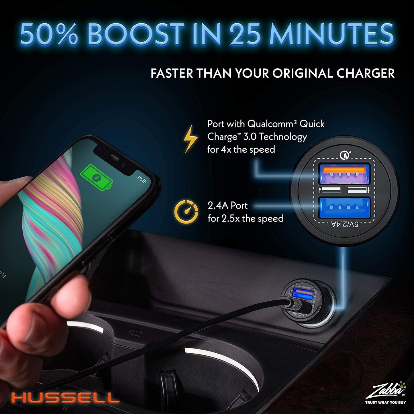 Hussell Car Charger - Dual USB Ports, Fast Charging for iPhone & Android