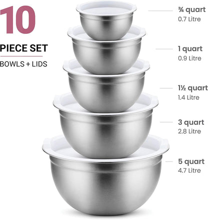 FineDine Rührschüssel-Set aus Edelstahl mit Deckel, Kochutensilien für Zuhause und die Küche, Must-haves für den Haushalt zum Backen, 5-teilig 