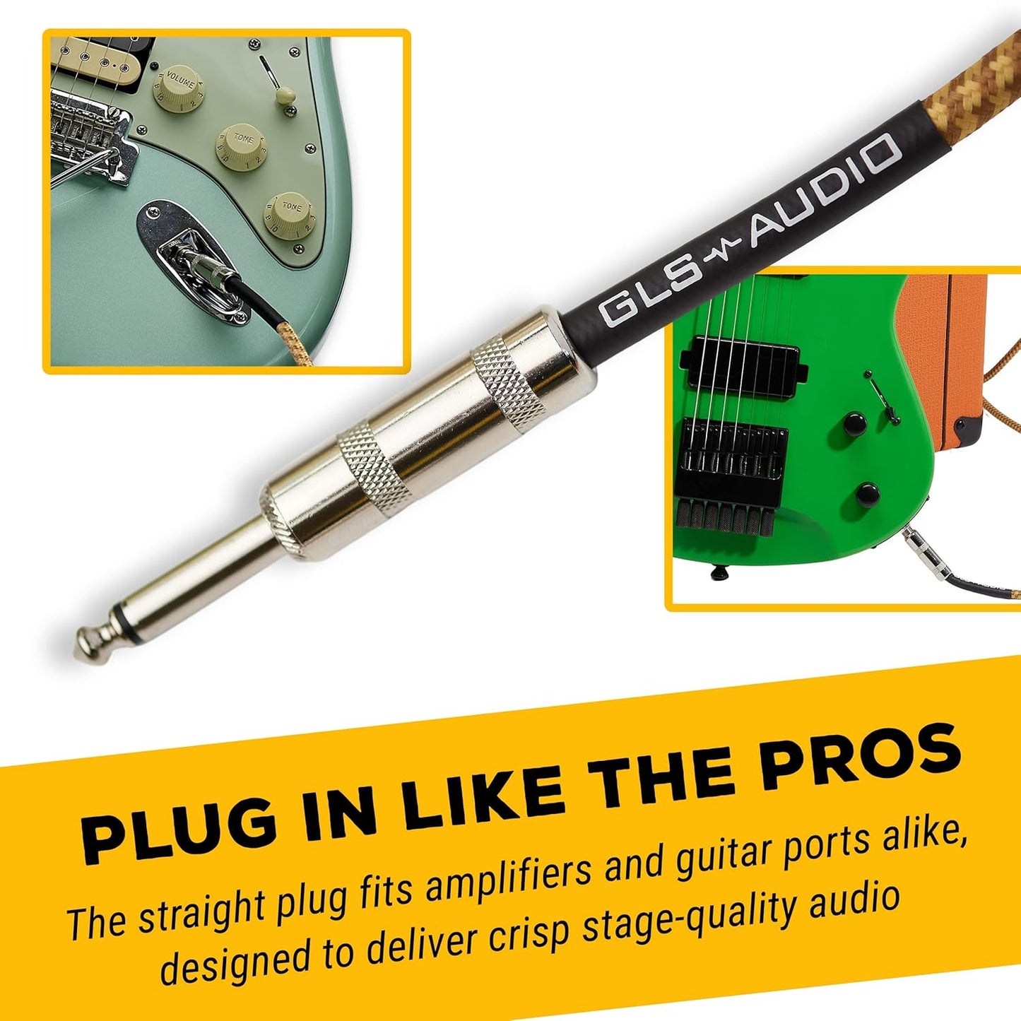 Instrumentenkabel – 1/4 Zoll TS auf 1/4 Zoll Instrumentenkabel für Bass/E-Gitarre – braun/gelb geflochtenes Tweed, 15 Fuß 