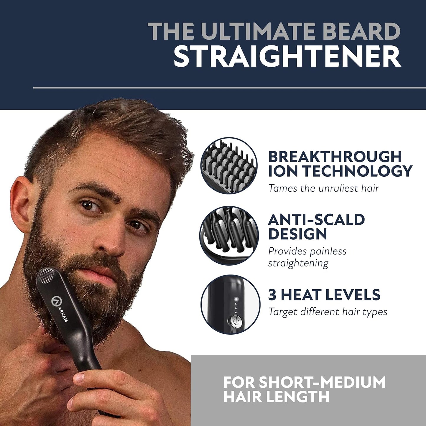 Arkam Heated Beard Straightener - Beard Brush Kit for Short to Medium Beards