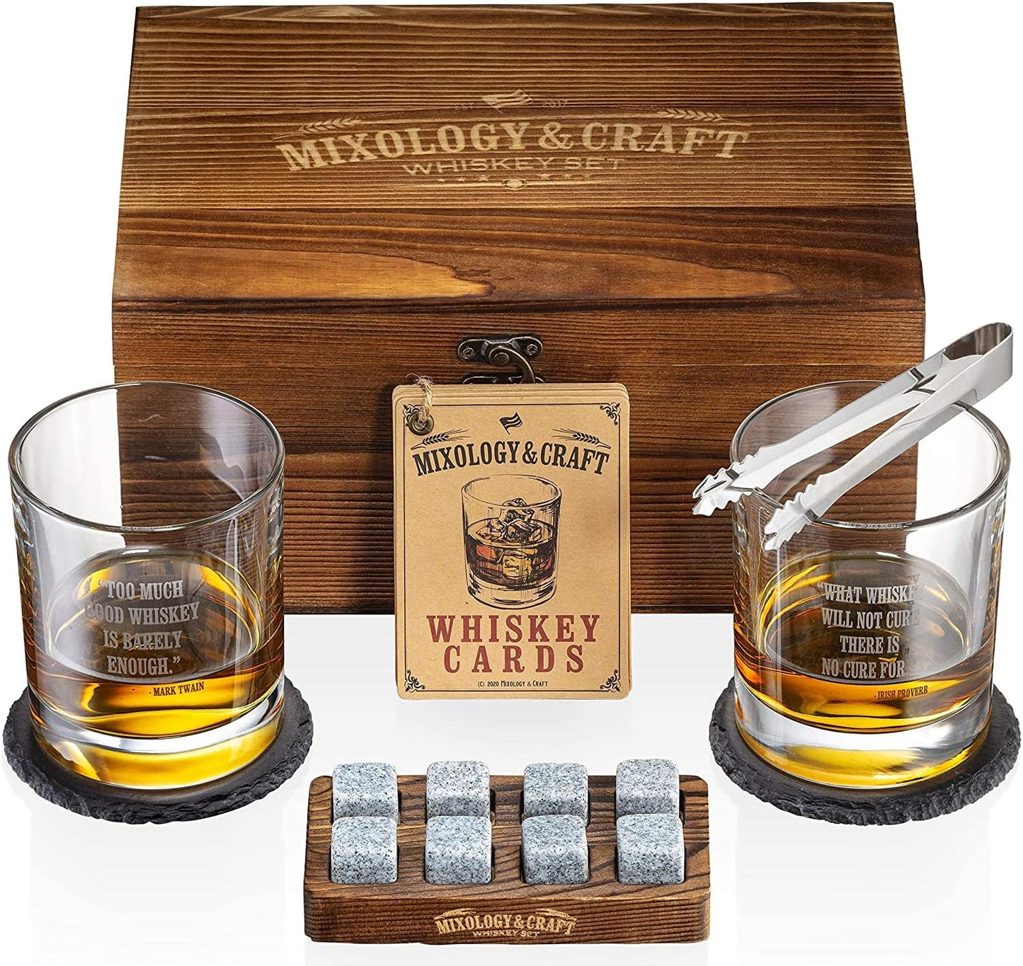 Mixology Whiskey Stones Gift Set for Men, 2 x 10oz Glasses, 8 Granite Chilling Rocks, 2 Coasters, Metal Tong & Cocktail Cards in Wooden Box